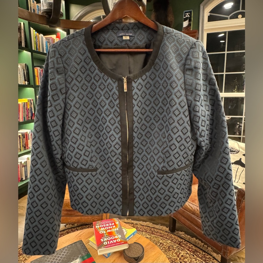 Tommy Hilfiger Jacquard Zip Jacket Size 16 Blue Black Diamond Pattern